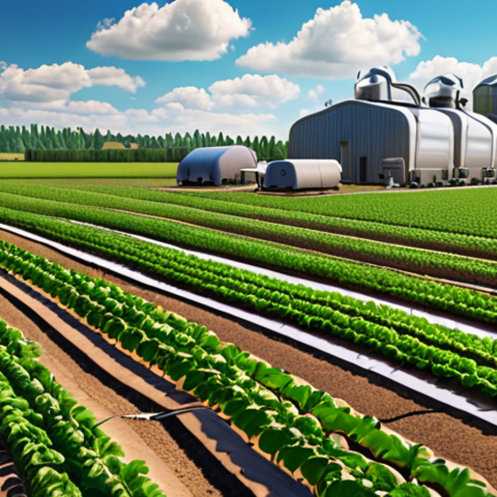 A high-tech smart farm in a rural area with open-source sensors and automated systems monitoring crops.