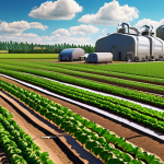 A high-tech smart farm in a rural area with open-source sensors and automated systems monitoring crops.